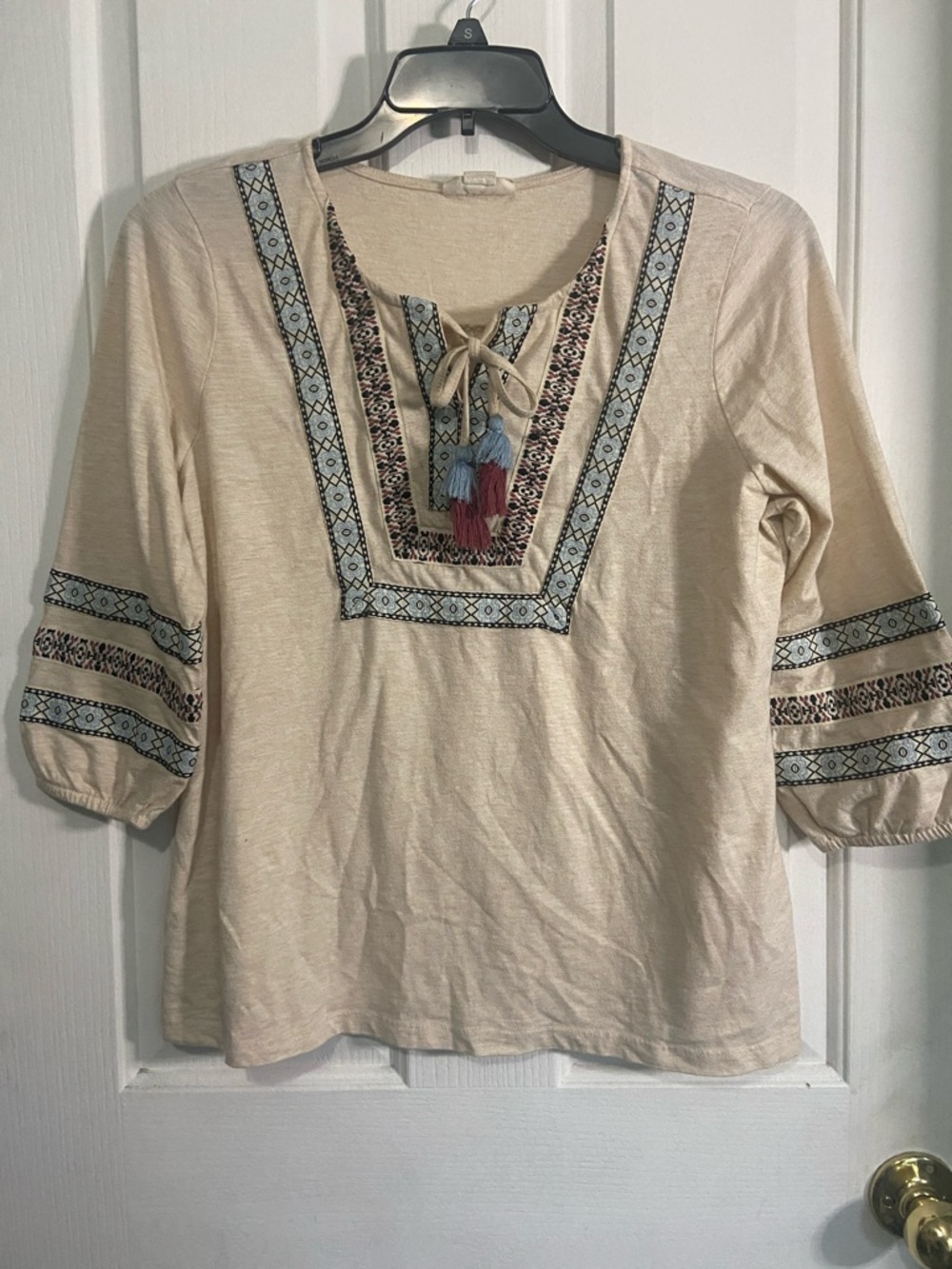 Style & Co. Cream Embroidered Boho Tunic with Blue and Red Tassels